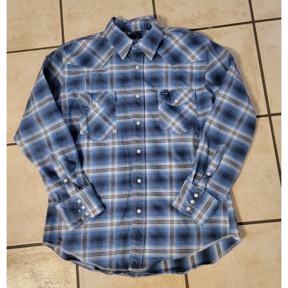 Wrangler Mens L Western Pearl Snap Shirt Plaid Blue White Long Sleeve Cowboy